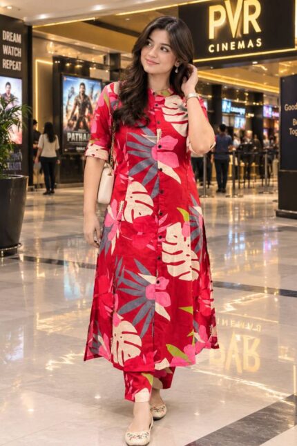 Floral Fine Cotton Kurti Palazza Set (Red)