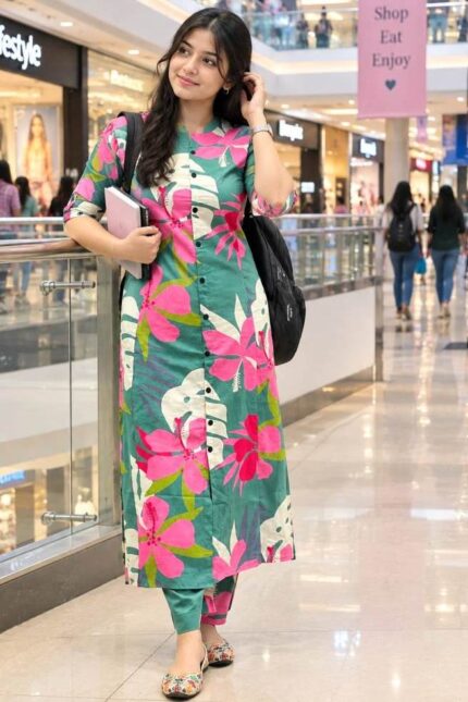 Floral Fine Cotton Kurti Palazza Set (Green)