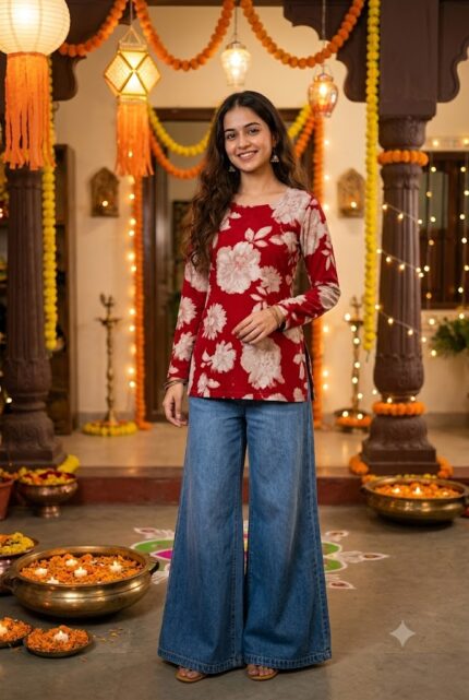 Printed Short Kurti Red Flower Pattern