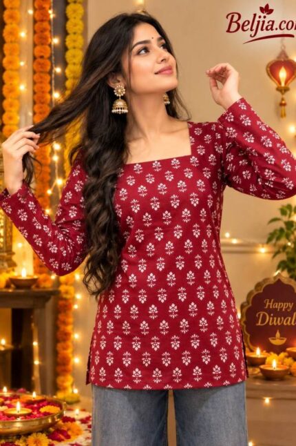 Printed Short Kurti Red Pattern